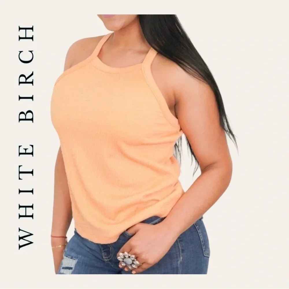 0486. WHITE BIRCH ORANGE RIBBED‎ SPAGHETTI STRAP TOP SIZE 1X SMOCKING